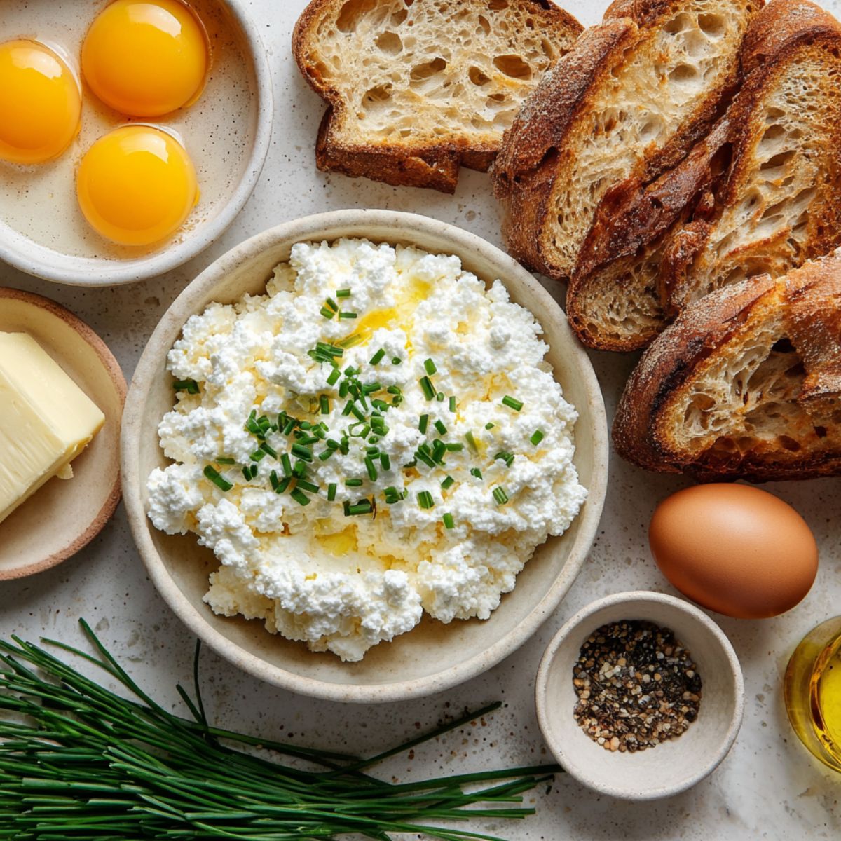 Flatlay of ricotta egg toast ingredients on a white kitchen counter including ricotta, eggs, sourdough, butter, and herbs.