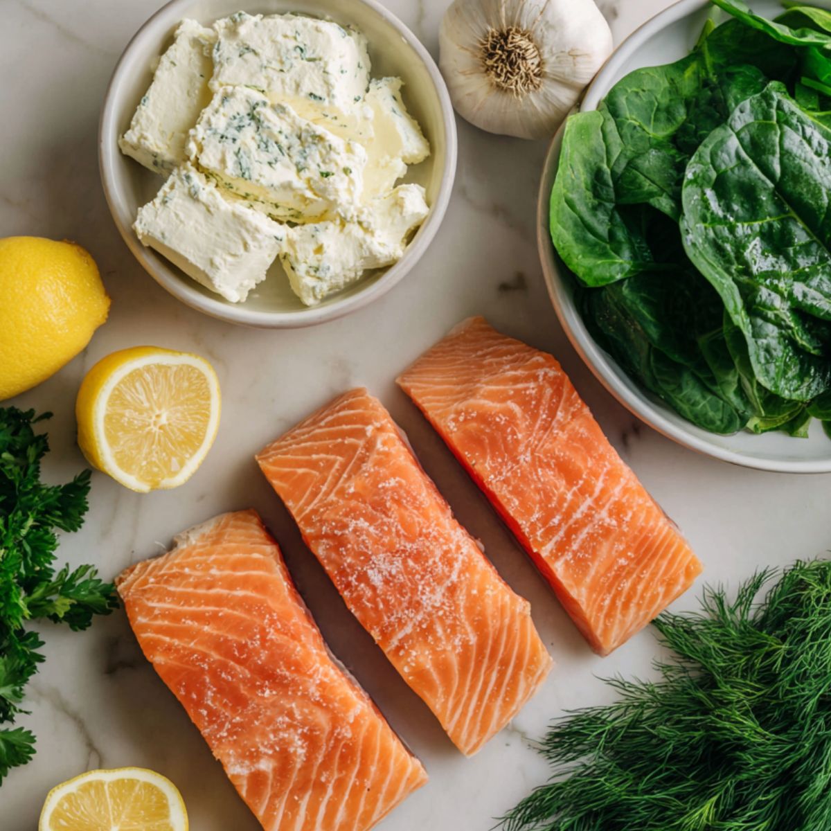 Casual overhead photo of fresh salmon pinwheel ingredients ; salmon fillet, herbs, spinach, and lemon on a white counter.