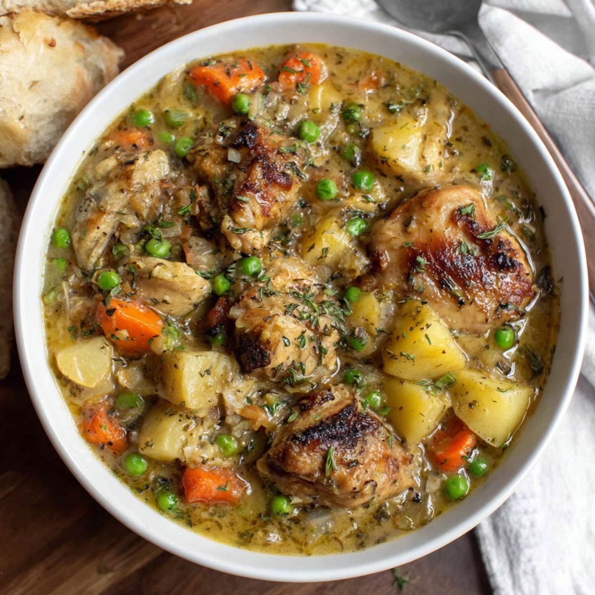 Homemade slow cook chicken stew in a white bowl on a kitchen counter