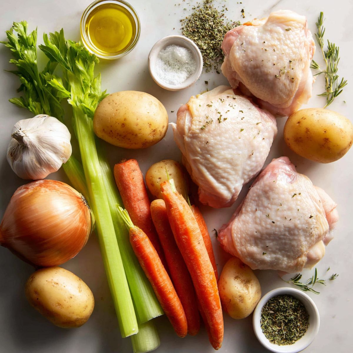 Raw ingredients for a slow cook chicken stew spread on a white countertop in natural light