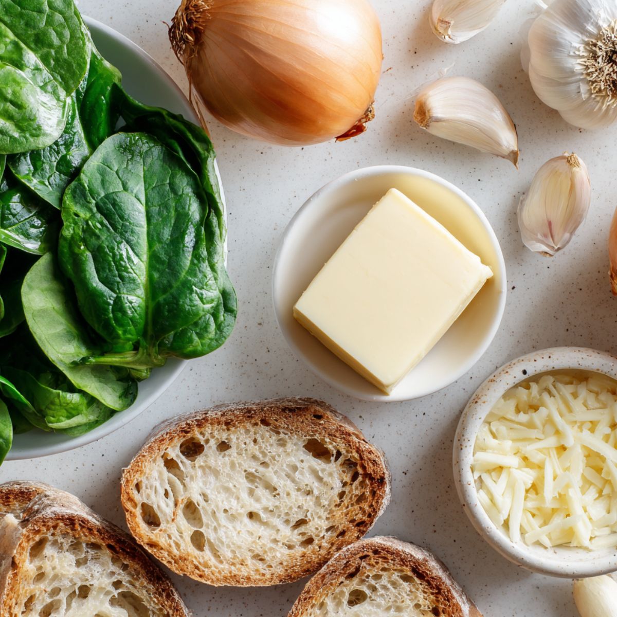 Casual overhead photo of spinach sandwich ingredients on a white kitchen counter, including spinach, bread, cheese, and seasonings