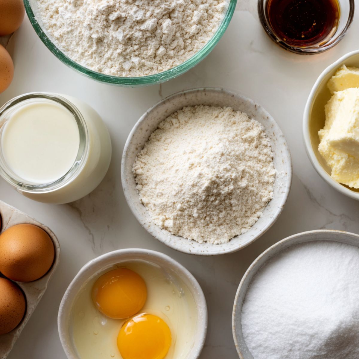 Vanilla swiss roll cake ingredients laid out casually on a kitchen counter